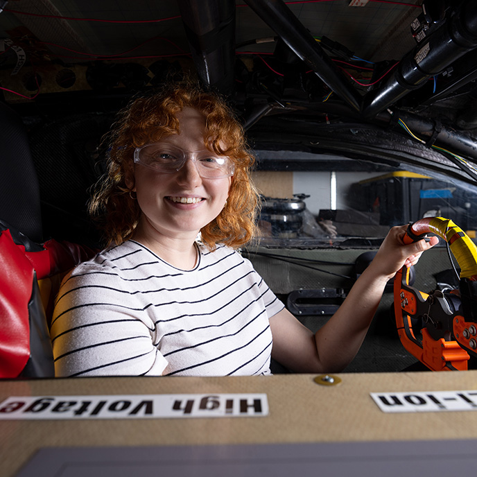 Meg Lashier in solar car driver's seat
